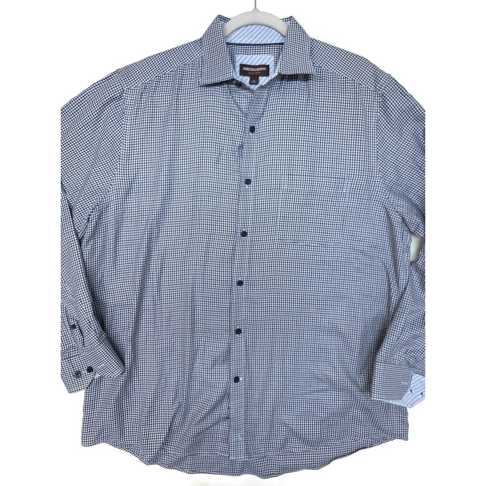 Johnston & Murphy Shirt Mens L Blue Check Long Sleeve Button Up Contrast Trim
